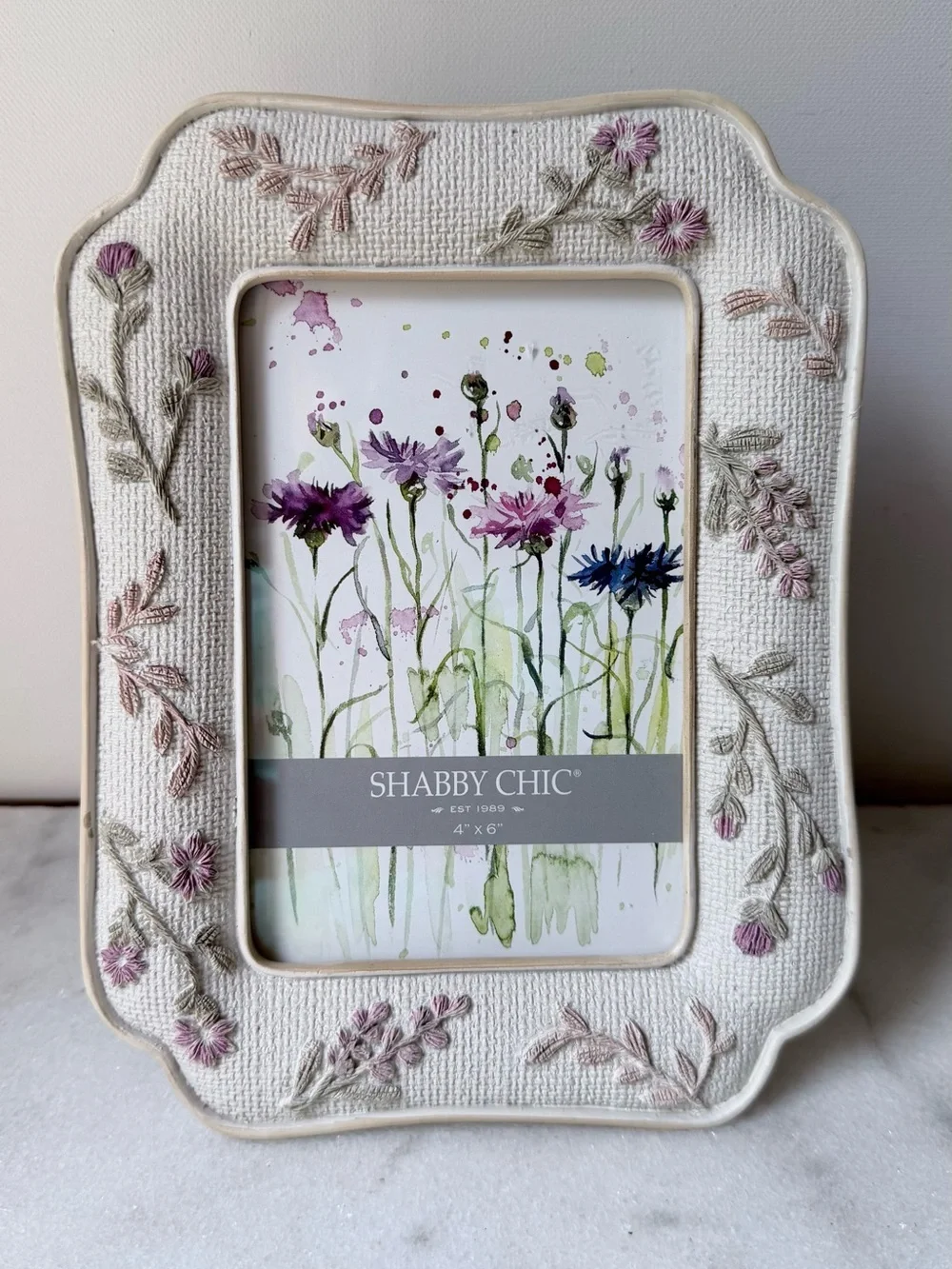 Shabby Chic Cream Frame with Pink and Green Embroidery 4”x6” photo